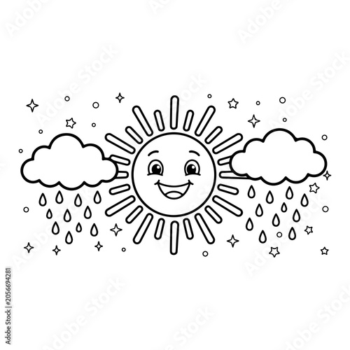 Sun and clouds with raindrops line art illustration for children isolated on transparent background