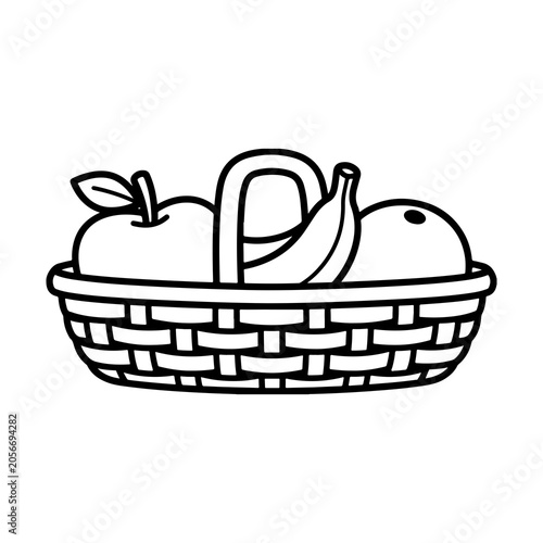 Black and white line art illustration of fruit basket with apples and banana isolated on transparent background