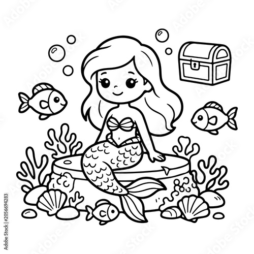 Cute mermaid with fish and treasure chest coloring page illustration isolated on transparent background