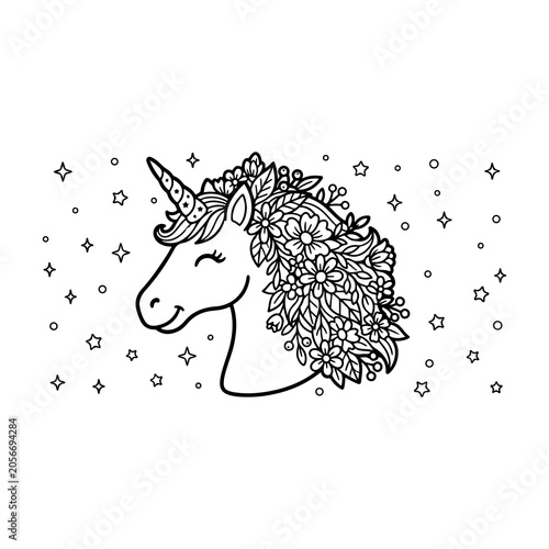 Floral unicorn head illustration black and white line art isolated on transparent background