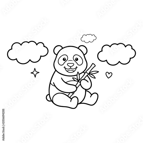 Cute panda eating bamboo black and white line art illustration isolated on transparent background
