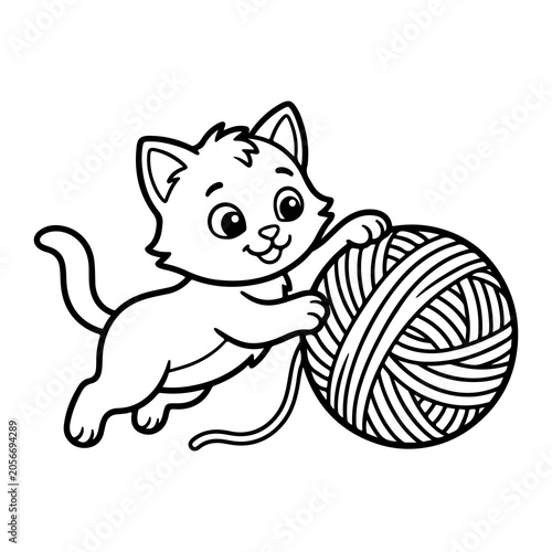Playful kitten with yarn ball black and white cartoon illustration isolated on transparent background