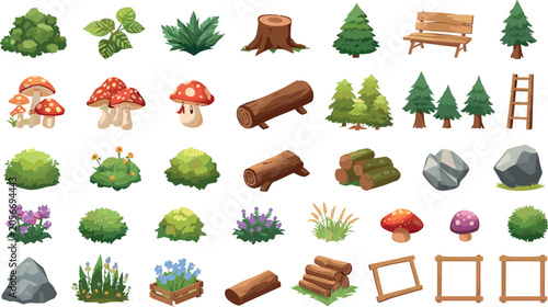 Schilderij op canvas Isometric Forest Nature Assets Vector Set with Trees, Mushrooms, Logs, Rocks, an
