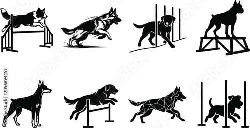 Bild auf Leinwand Dog Agility Training and Canine Sports Vector Icon Set Featuring Jumping Hurdle