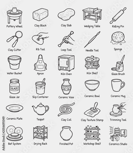 Ceramic Crafting and Pottery Studio Hand-Sketched Vector Icon Pack. Including a pottery wheel, clay block, clay slab, wedging table, rolling pin, clay cutter, wire tool, rib tool, loop tool, and more.