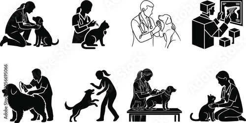 Tableau sur toile Veterinary care icon set featuring veterinarians examining and treating cats and