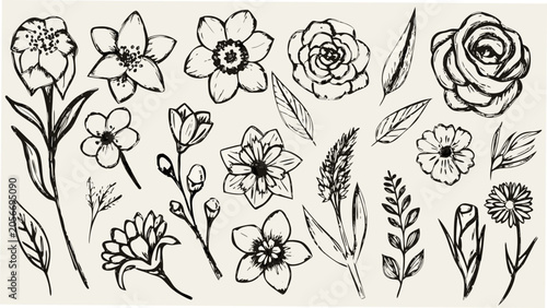 Εκτύπωση καμβά Floral ornament of sketched flowers and leaves on a cream colored background bot