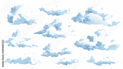 Konstfotografi Scattered Fluffy Clouds A Watercolor Pattern On A White Background azure atmosph