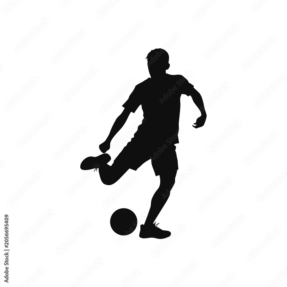 Fototapeta premium Soccer player silhouette, kicking ball, sports icon, athletic motion, black silhouette