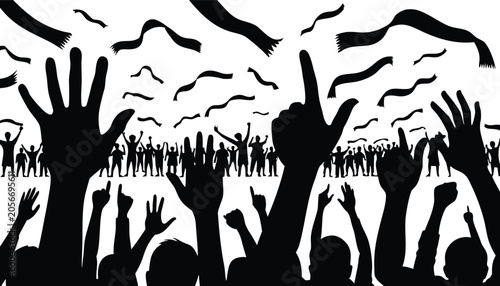 Fotografie Crowd, protest, demonstration, activism, black silhouettes, raised hands, ribbon