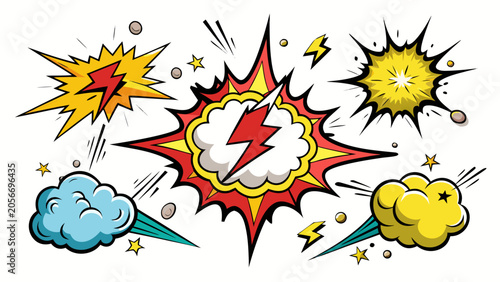 Set of hand drawn comic book sound effects and action bubbles with explosions splashes and speed lines elements white background .vector
