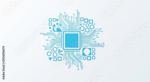 Blue circuit board with microchip icon on light background