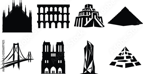 Photos Famous world landmarks icon set with historical architecture and modern building