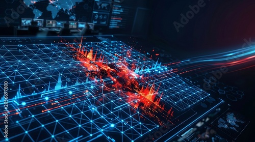 Futuristic digital interface displaying complex data analytics with glowing red and blue light trails over a geometric grid network map
