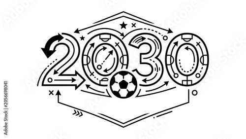 Year 2030 typography vector design with soccer ball and tactical play strategy lines for football tournament branding