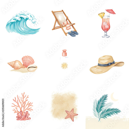 Watercolor summer beach elements collection isolated on transparent background