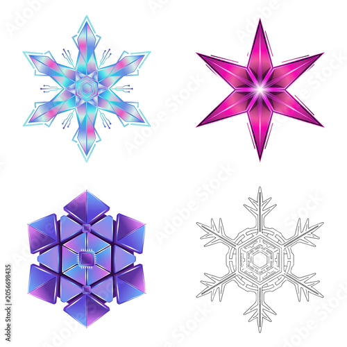 Set of futuristic digital snowflakes isolated on transparent background