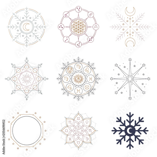 Set of esoteric sacred geometry symbols and mystical zodiac icons isolated on transparent background