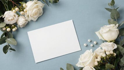 Blank white card on blue background, with white roses, and eucalyptus