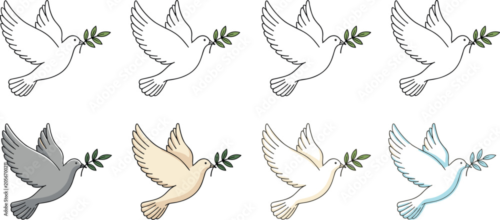 Obraz premium Flying White Dove of Peace Vector Set Featuring Freedom Birds Carrying Green Olive Branches for Religious, Wedding, Harmony, and International Day of Peace Designs