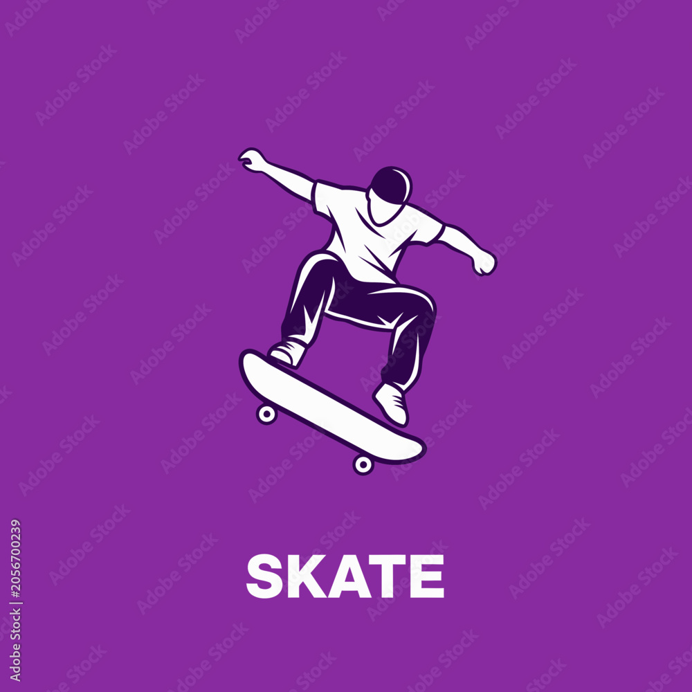 Fototapeta premium Dynamic Skateboarder Mid-Air Trick Silhouette On Purple Background