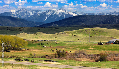 Montana cattle ranch west of Livingston with mountains in the background