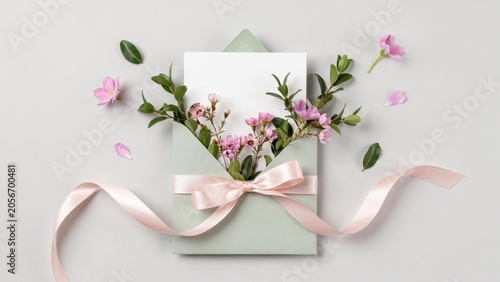 Pale green envelope with pink flowers and ribbon on light gray background