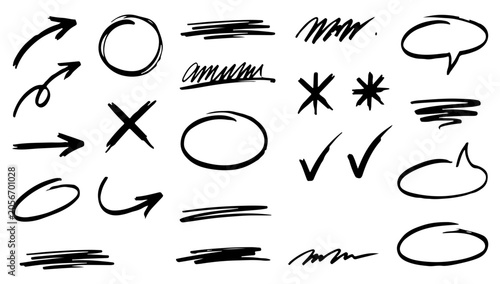 Fényképezés Hand drawn icons, scribble symbols, checkmark and arrow vector set