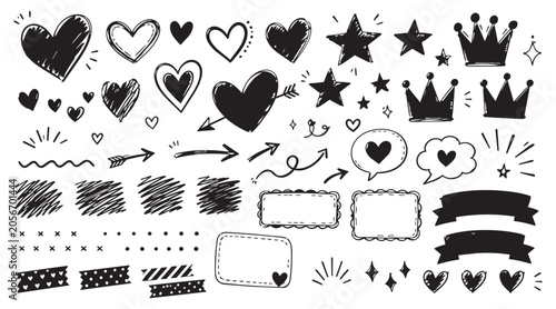 Hand drawn doodle set of hearts stars and crowns Vector