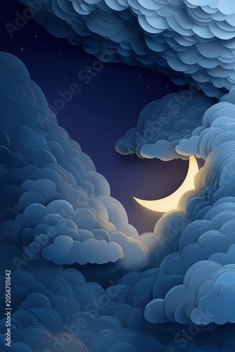 Layered paper clouds framing a crescent moon in night sky. AI-generated.
