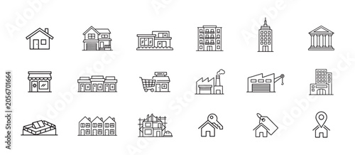 Quadro su tela Collection of linear housing and commercial building icons for architecture design and urban planning layouts