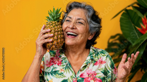 A happy mature female holds a pineapple to her face in a vibrant tropical environment that conveys well-being. Smiling adult woman showing a pineapple.