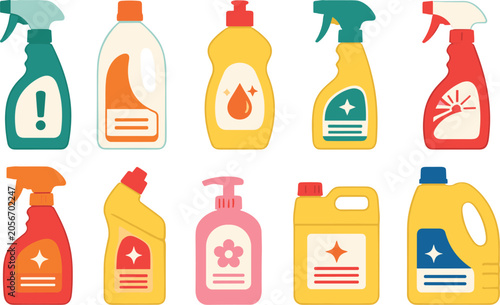Schilderij op canvas Household Cleaning Supplies Product Vector Set Featuring Detergent Bottles, Chem