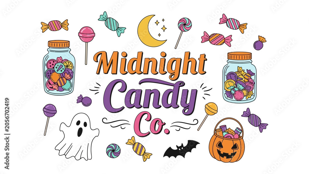 Fototapeta premium Midnight Candy Co. Halloween Collection: A whimsical array of Halloween-themed candies, including lollipops, wrapped sweets, and a candy corn basket, all centered around the Midnight Candy Co. logo.