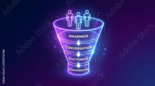 Neon glowing funnel process with three ascending figures and layered stages labeled awareness, consideration, decision, and success, ideal for marketing funnel, customer journey, and business growth