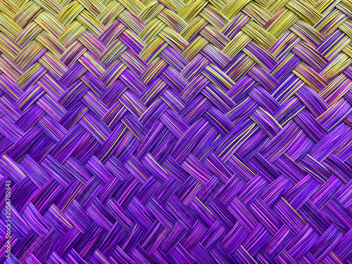 Vibrant woven natural fiber texture featuring a purple-to-gold gradient basket weave pattern. Intricate handcrafted design creates a colorful abstract background for decor and creative projects.
