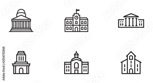 Tableau sur toile Set of historical government buildings in line art style modern simple design on transparent background