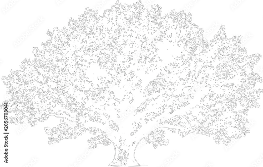 Obraz premium Architectural drawing of ancient tree, line art representation, intricate branches and trunk, detailed foliage, nature's blueprint, artistic cad design, organic form, detailed sketch, vector