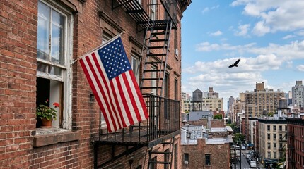 American flag hanging from window in a brick building in urban setting  