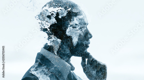 A conceptual image illustrating deep thought with a silhouette and abstract ice patterns blending together.