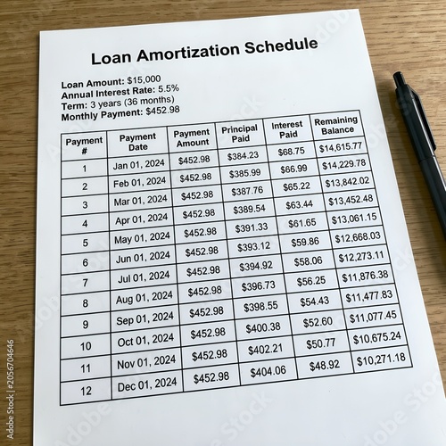 Loan amortization schedule document displaying payment breakdown, interest, principal, and repayment timeline.
