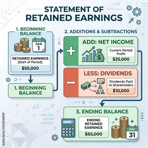 Retained earnings statement infographic illustrating beginning balance, net income, dividends, and ending balance.
