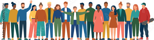 Large diverse group of multiethnic people standing together in line smiling and waving on a solid light blue background