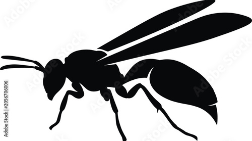Black wasp silhouette icon isolated on white background profile view of stinging insect for commercial logo design