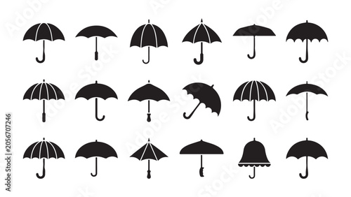 Set of various black umbrella icons and silhouettes for weather and protection