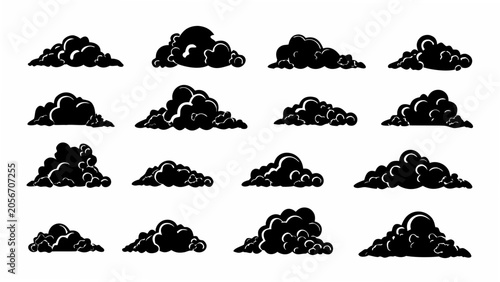Konstfotografi Collection Of Black Cloud Silhouettes Against A White Background Varied Formatio