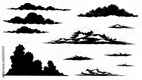 Fotografie Black cloud silhouettes arranged on a white background a collection of atmospher