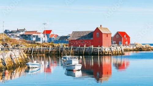 Peggy's Cove, Nova Scotia, Canada. Colorful fishing village with iconic red houses reflecting in calm harbor water