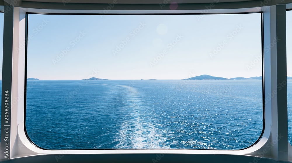 Fototapeta premium Ship window offering a beautiful ocean setting with shimmering blue water, a visible wake, and peaceful islands far away