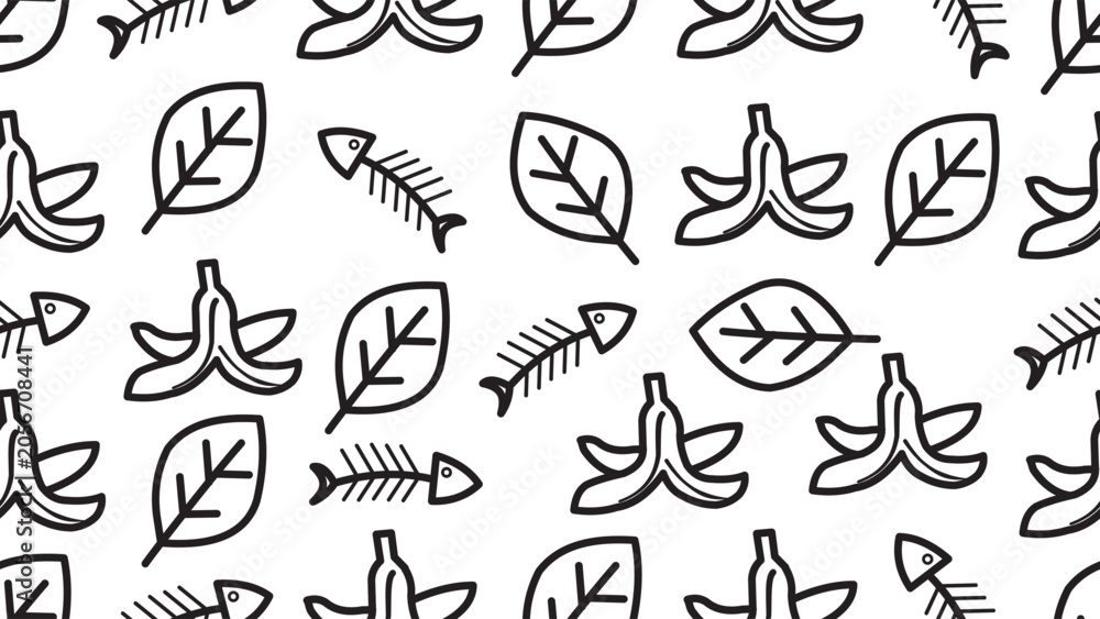Fototapeta premium Organic trash pattern background..Flat illustration of Organic trash Seamless pattern.Organic trash Pattern theme.Organic trash pattern seamless.banana peel, fish bone and leaf 